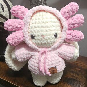 Handmade Crochet Long Floppy-Eared Bunny Plushie in Axolotl Hoodie – 8” Tall